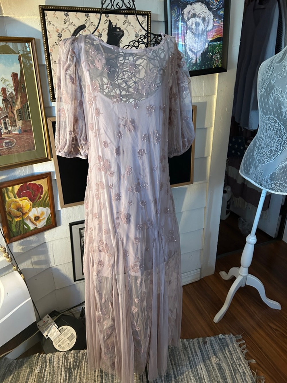 Free People Dusty Rose Embroidered Tulle Maxi Dress